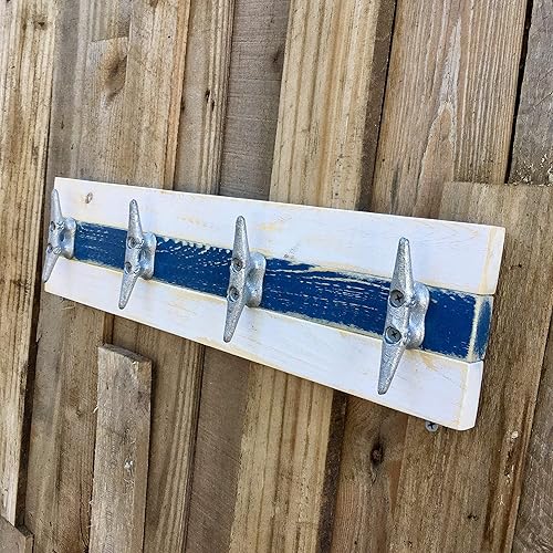 Nautical Boat Cleat Towel Rack, Distressed White and Blue