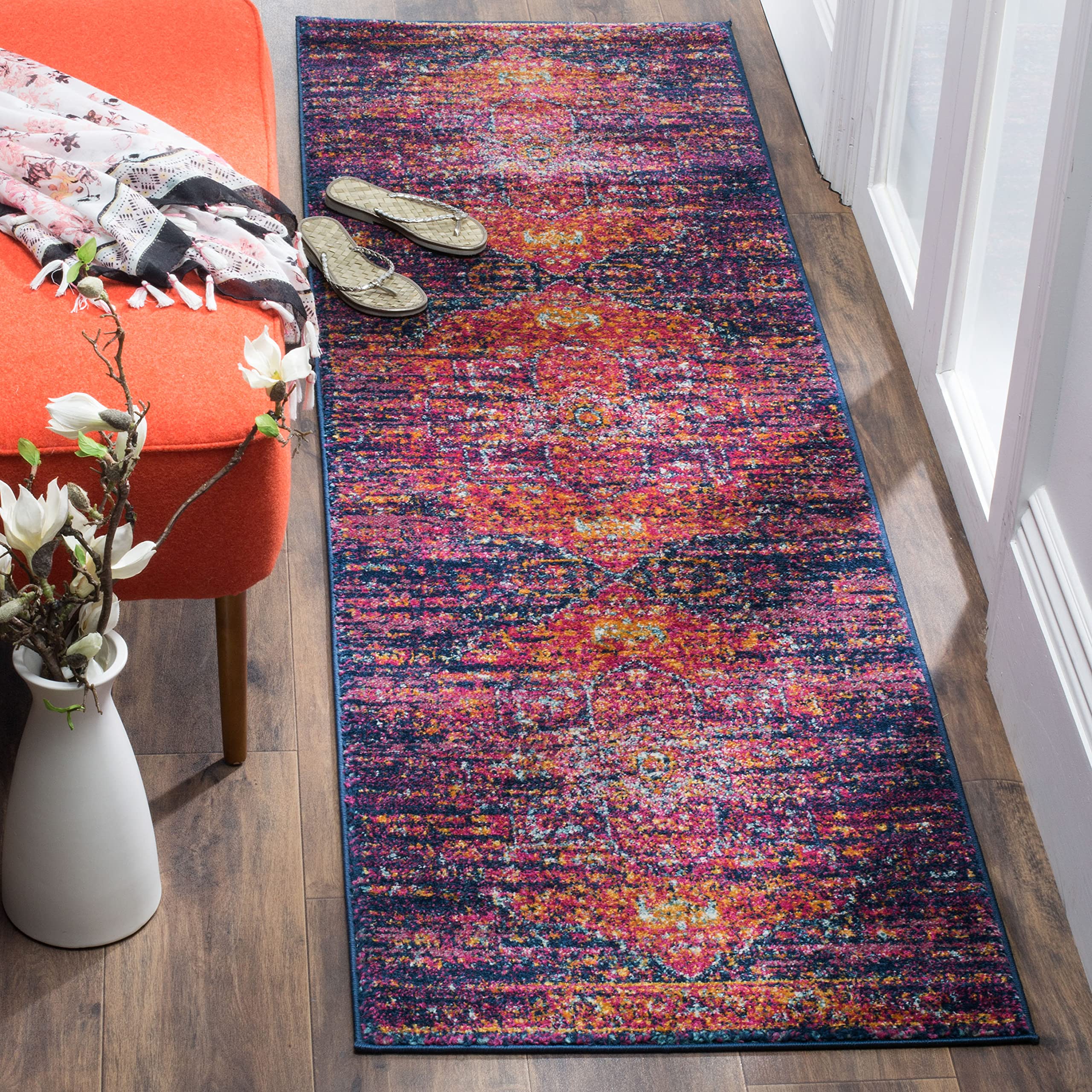 SAFAVIEH Evoke Collection 2'2" x 19' Blue / Fuchsia EVK275F Oriental Medallion Distressed Non-Shedding Living Room Bedroom Runner Rug Image