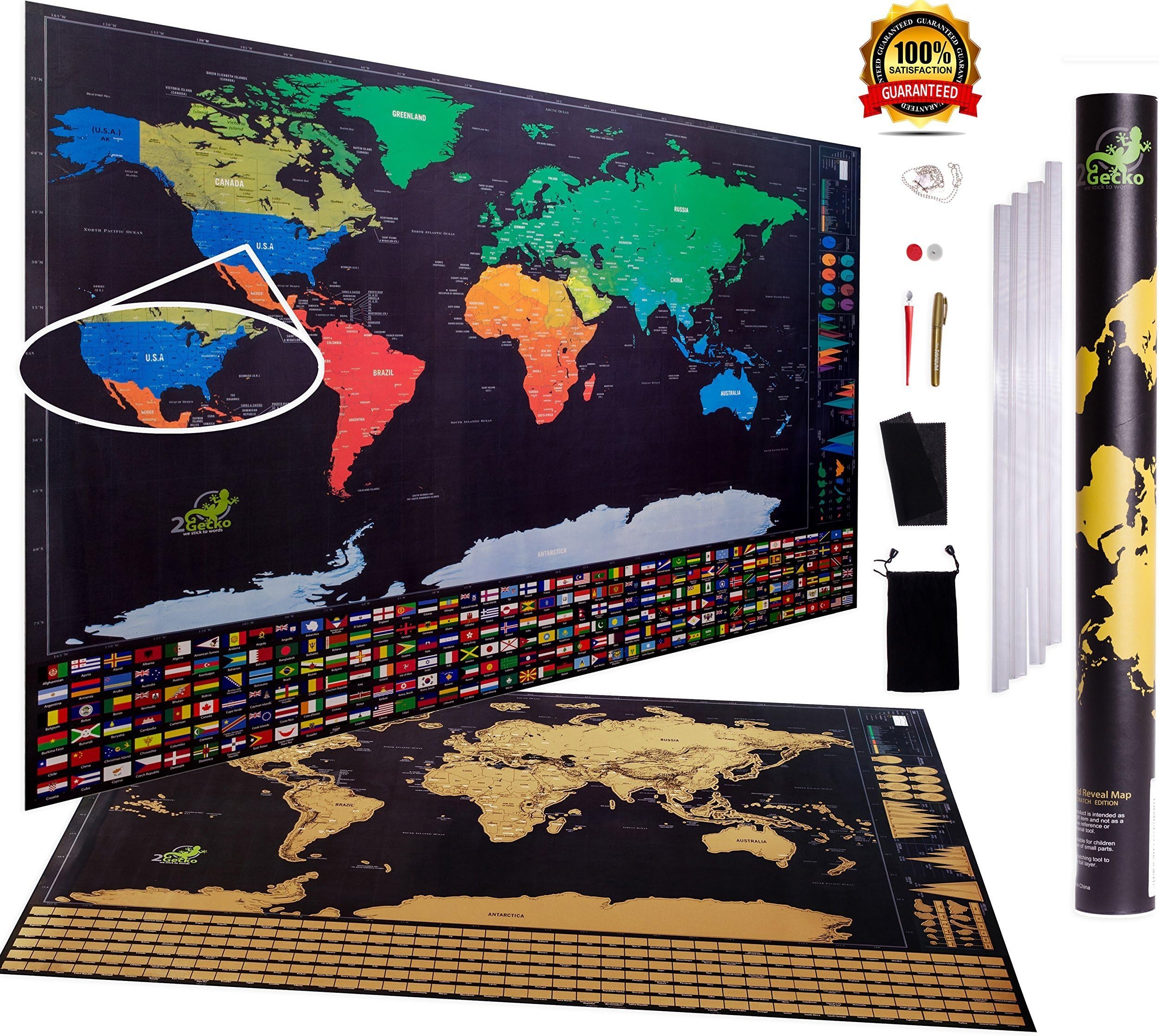 Scratch Off World Map BONUS FRAME Glossy Finish Detailed Cartography NEWLY IMPROVE MAP by 2Gecko THICKER PAPER Scratch tool and Gold Marker Pen GIFT IDEA for Travelers Poster Map for kids