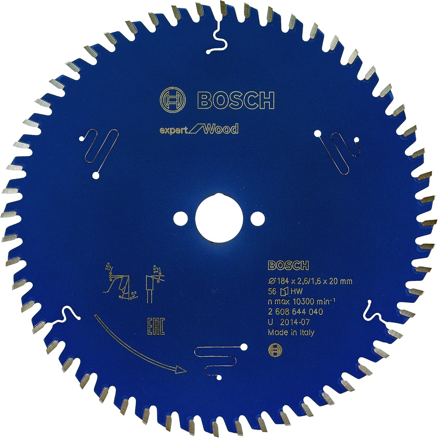 Bosch 2608644040 EXWOH 56 Tooth Top Precision Circular Saw Blade, 0 V, Blue, 184 x 20 x 2,6 mm