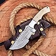 SUSA KNIVES Handmade Damascus Tracker Knife with Bone Handle - Survival - Camping - Damascus Steel Knife - Hunting with Sheath Horizontal Carry Fixed Blade (WHITE)
