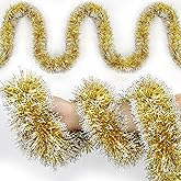 50FT Christmas Tinsel Garland Gold Metallic Twist Xmas Frosted Tip Hanging Garland for Christmas Tree Decoration Indoor Outdoor Home Holiday Party Decor