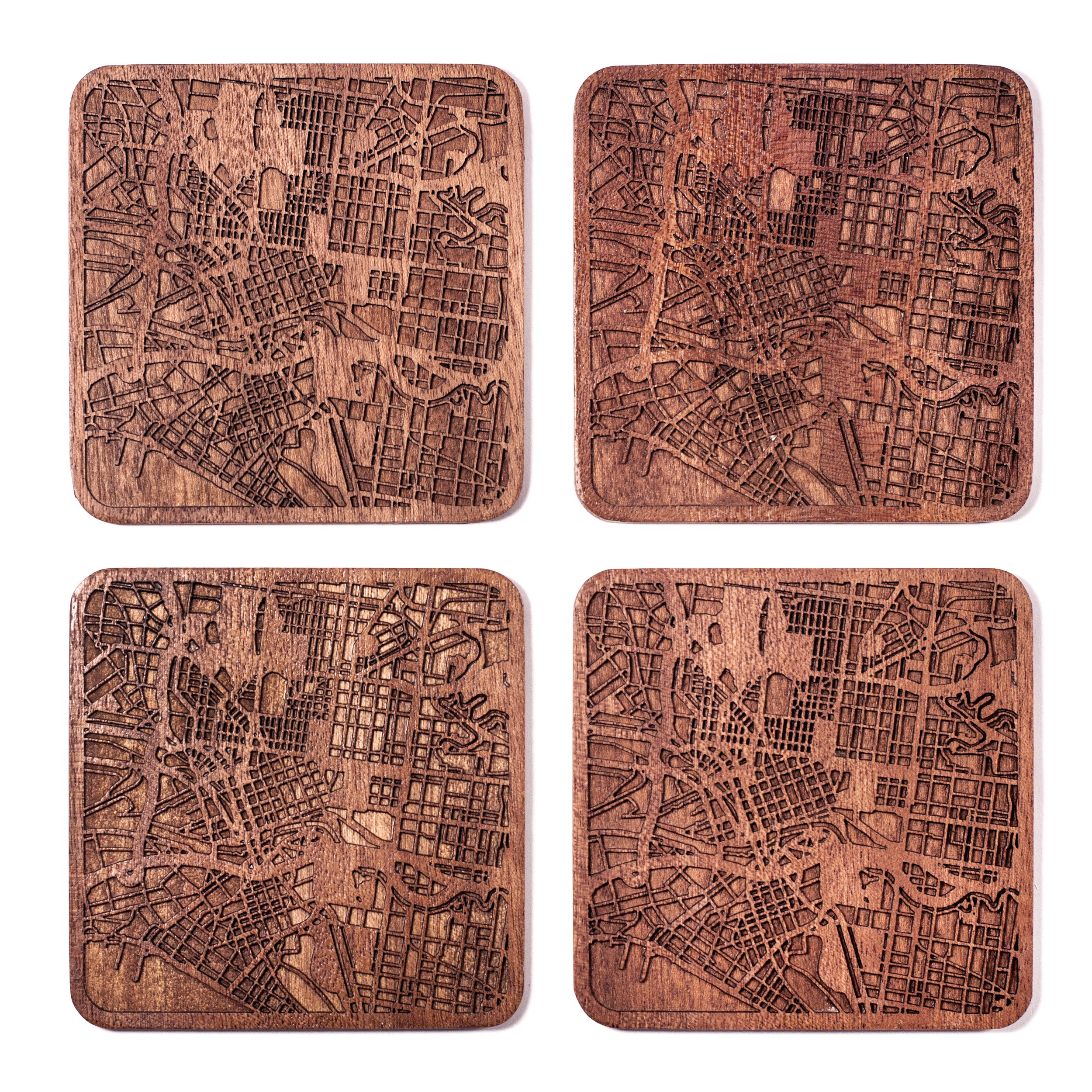 Melbourne Map Coaster, Set of 4, Sapele Wooden Coaster with City Map, Handmade