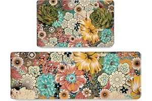 QAHING Boho Floral Kitchen Rug Set of 2 Colorful Flowers Anti Fatigue Non-Slip Kitchen Floor Mats Comfort Standing Bohemian Mat Waterproof Farmhouse Sink Laundry PVC Carpet(17.3 x 28 Inch+17.3 x 47 Inch)