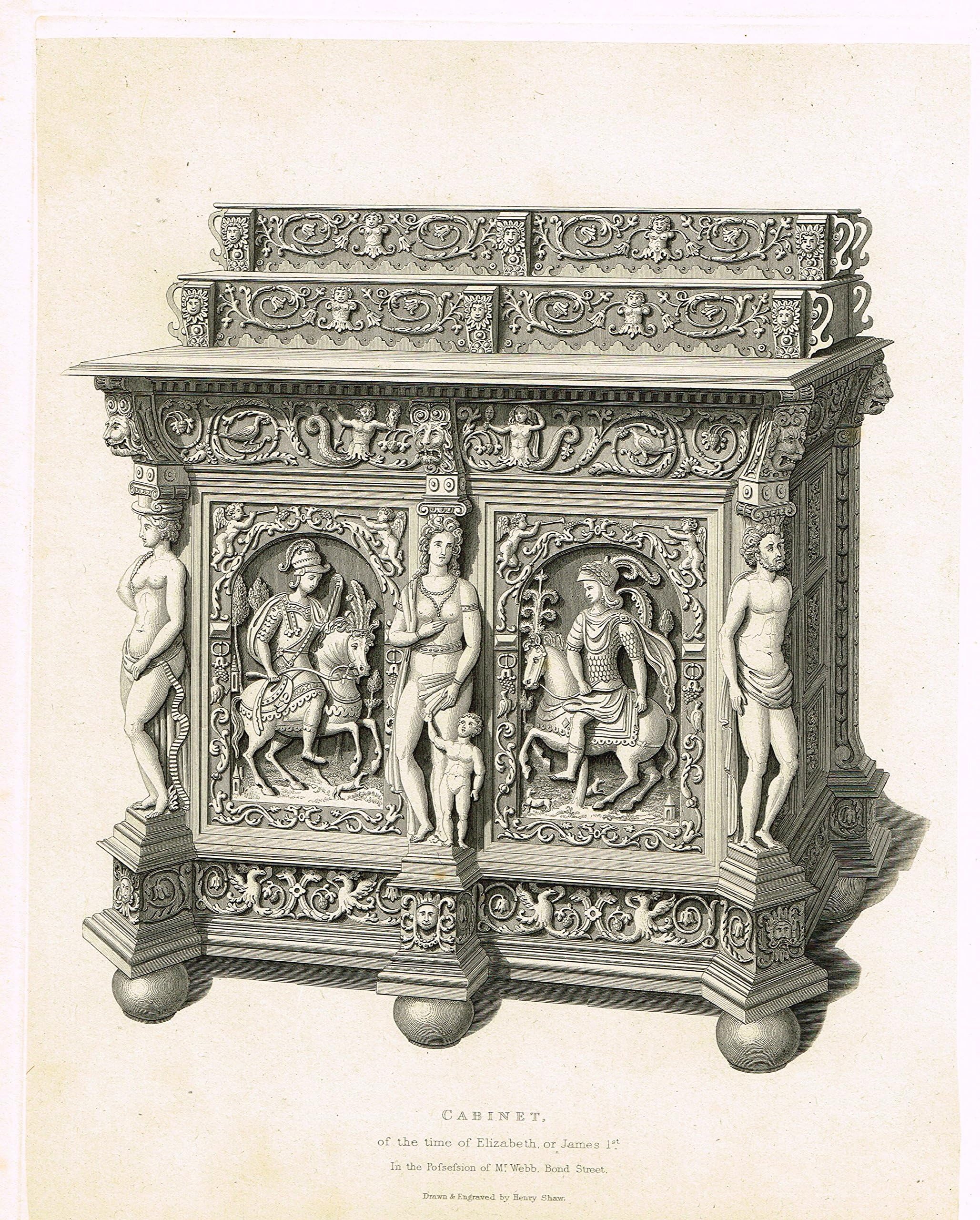 Shaw's Ancient Furniture - "CABINET of the TIME of ELIZABETH or JAMES 1st" - Large Steel Engraving - 1836