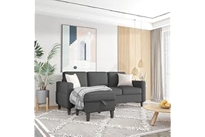 ZeeFu Convertible Sectional Sofa Couch,Dark Grey Linen Fabric Modern Upholstered 3-Seat L-Shaped Sofa Furniture Set with Reversible Storage Ottoman and Pockets for Living Room Small Space Apartment