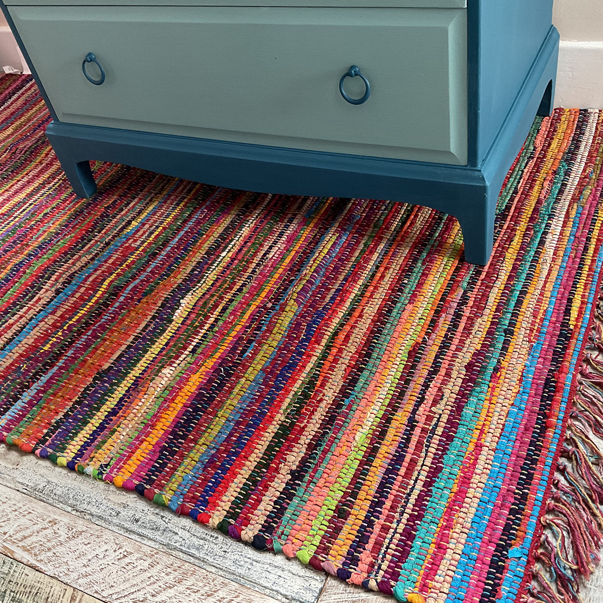Second Nature Online Festival Medium Eco Friendly Multi Colour Stripe Fringed Rag Rug Hand Woven with Recycled Fabric Strips 90 cm x 150 cm