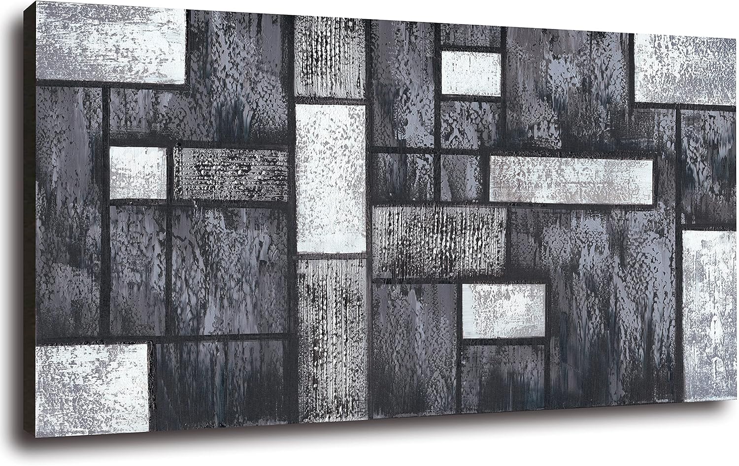 Paintings - Large 100% Hand Painted Modern Oil Painting on Canvas Heavy Square Textured Black White Abstract Wall Art Decor for Living Room Bedroom Framed Ready to Hang 60x30inch