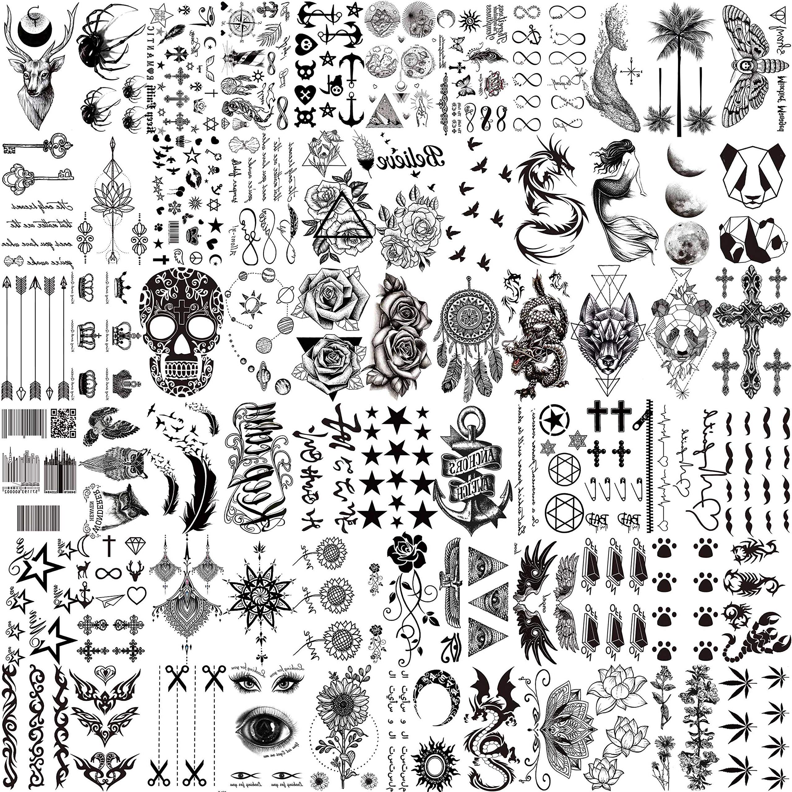 LAROI 66 Sheets 3D Small Temporary Tattoos For Women Men Arm Hand Neck Temp Tatoos Set Black Realistic Fake Tattoo Sticker For Adults Face Fingers Tattoo Temporary Flower Birds Star Anchor Rose Decals