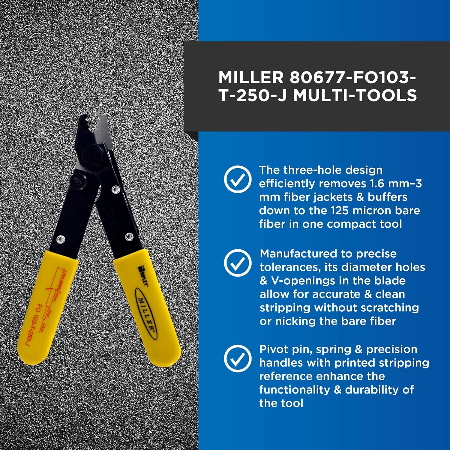 Miller Fo 103 T 250 J Series Three Hole Fiber Optic Stripper For Working Technicians Electricians Installers V Shaped Opening Safe Cable Splicing Tool Easily Portable Wire Stripper 2 5 Ounces Amazon Com