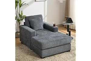 ZEIINPA Modern Chaise Lounge Chair with Cupholder and USB, Upholstered Indoor Leisure Recliner Chair, Chenille Fabric Comfy Chair with Pillow for Living Room Bedroom Apartment Studio-Blue Gray