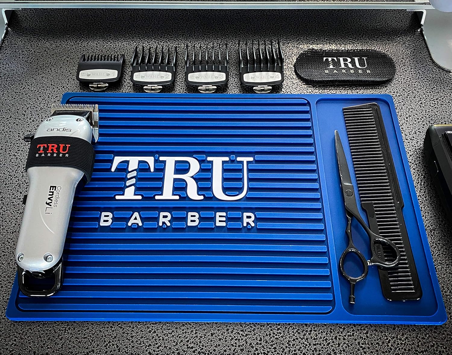 TRU BARBER ORGANIZER MAT 14”X 9” (BLUE) Flexible PVC Station Mat, Professional Mat, Salon and Barbershop work Station pads, Beauty salon tools hairstylist, Counter mat for clippers, Anti slip: Beauty