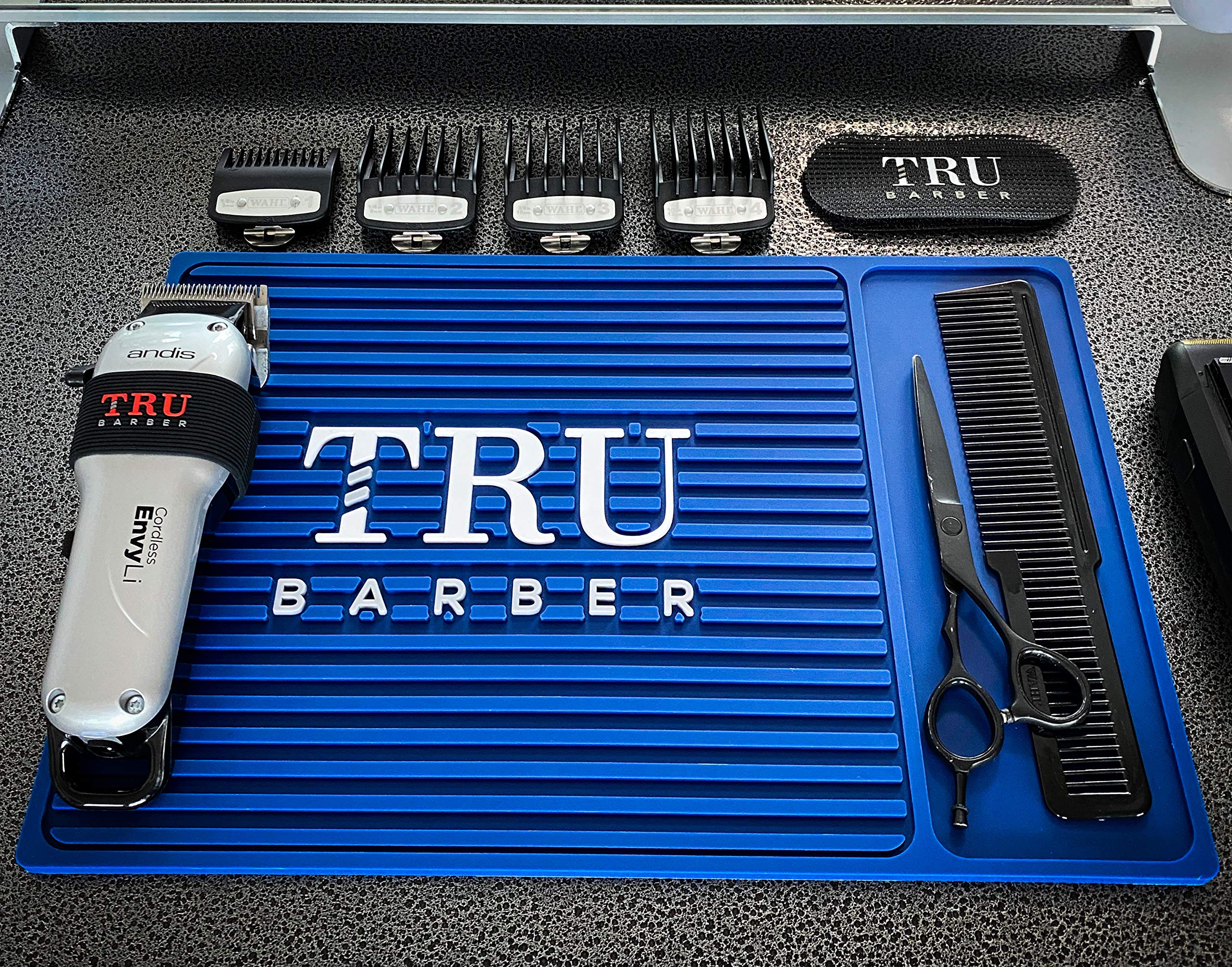TRU BARBER ORGANIZER MAT 14”X 9" flexible PVC Station Mat, Professional Mat, Salon and Barbershop