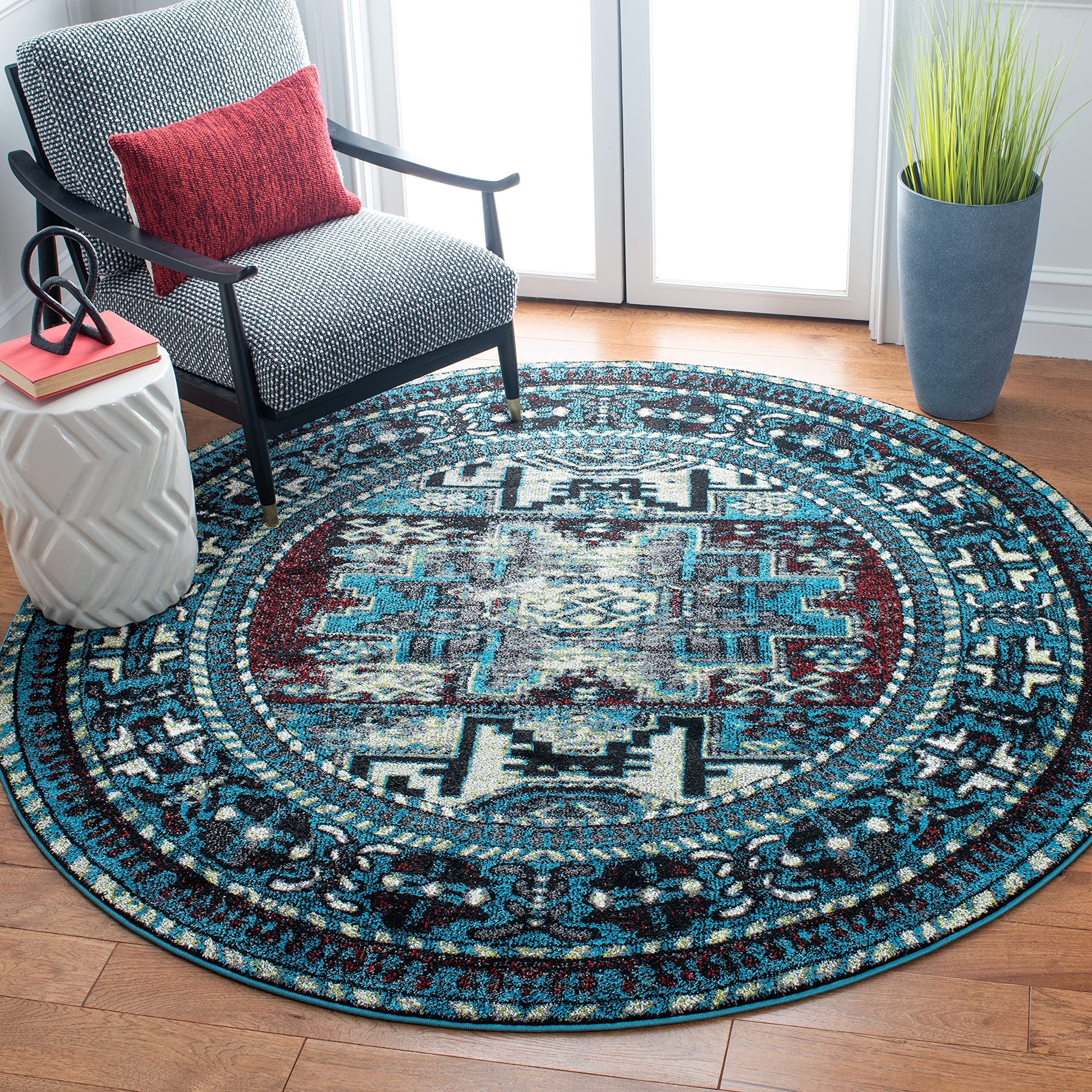 SAFAVIEH Vintage Hamadan Collection Area Rug - 6'7" Round, Light Blue & Black, Traditional Oriental Design, Non-Shedding & Easy Care, Ideal for High Traffic Areas in Living Room, Bedroom (VTH213M) Image SAFAVIEH Vintage Hamadan Collection Area Rug - 6'7" Round, Light Blue & Black, Traditional Oriental Design, Non-Shedding & Easy Care, Ideal for High Traffic Areas in Living Room, Bedroom (VTH213M) Image