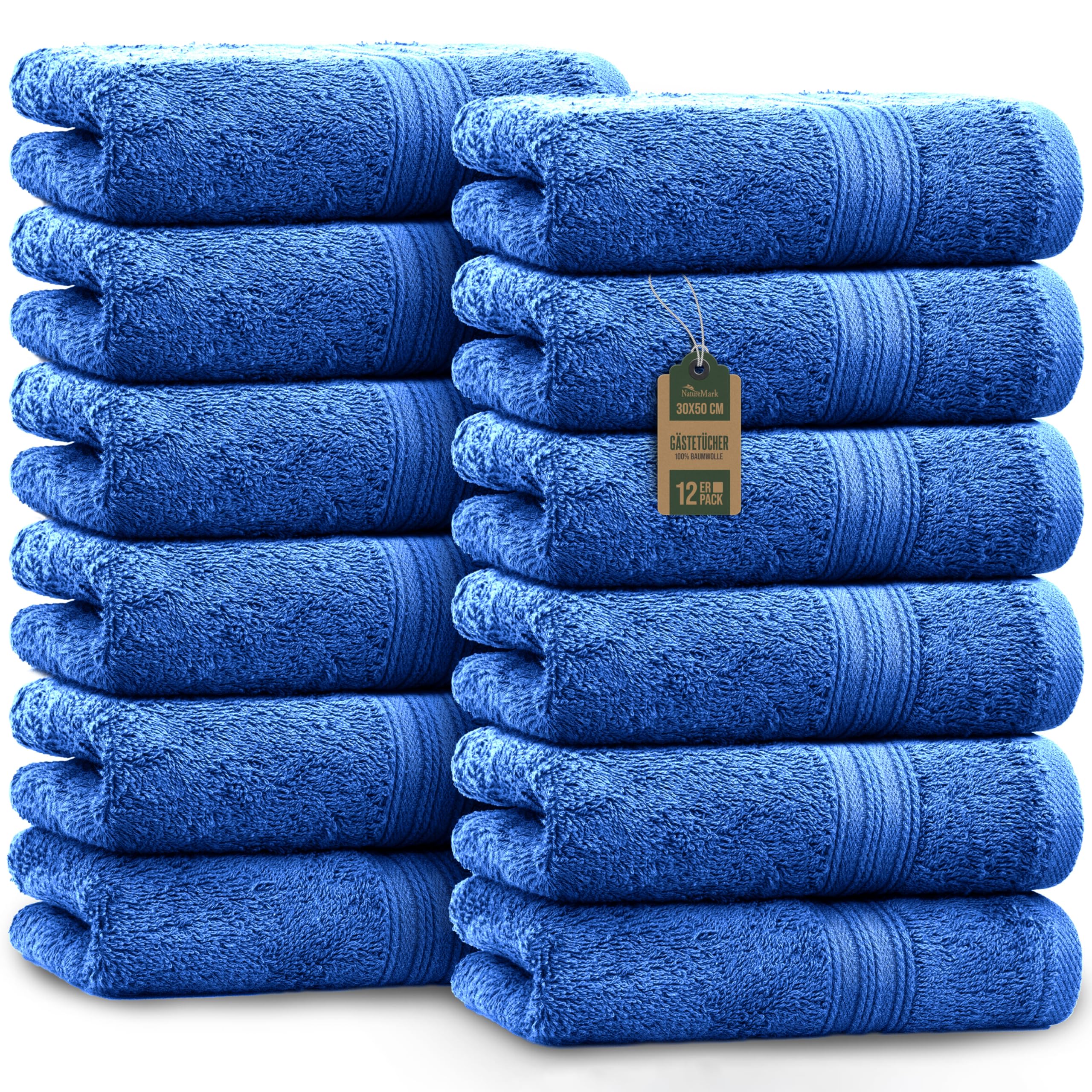 NatureMark Pack of 12 Guest Towels, 30 x 50 cm, 100% Cotton, Royal Blue