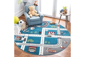 SAFAVIEH Carousel Kids Collection 4' Round Turquoise/Ivory CRK192K Neighborhood Road Non-Shedding Playroom Nursery Bedroom Area Rug