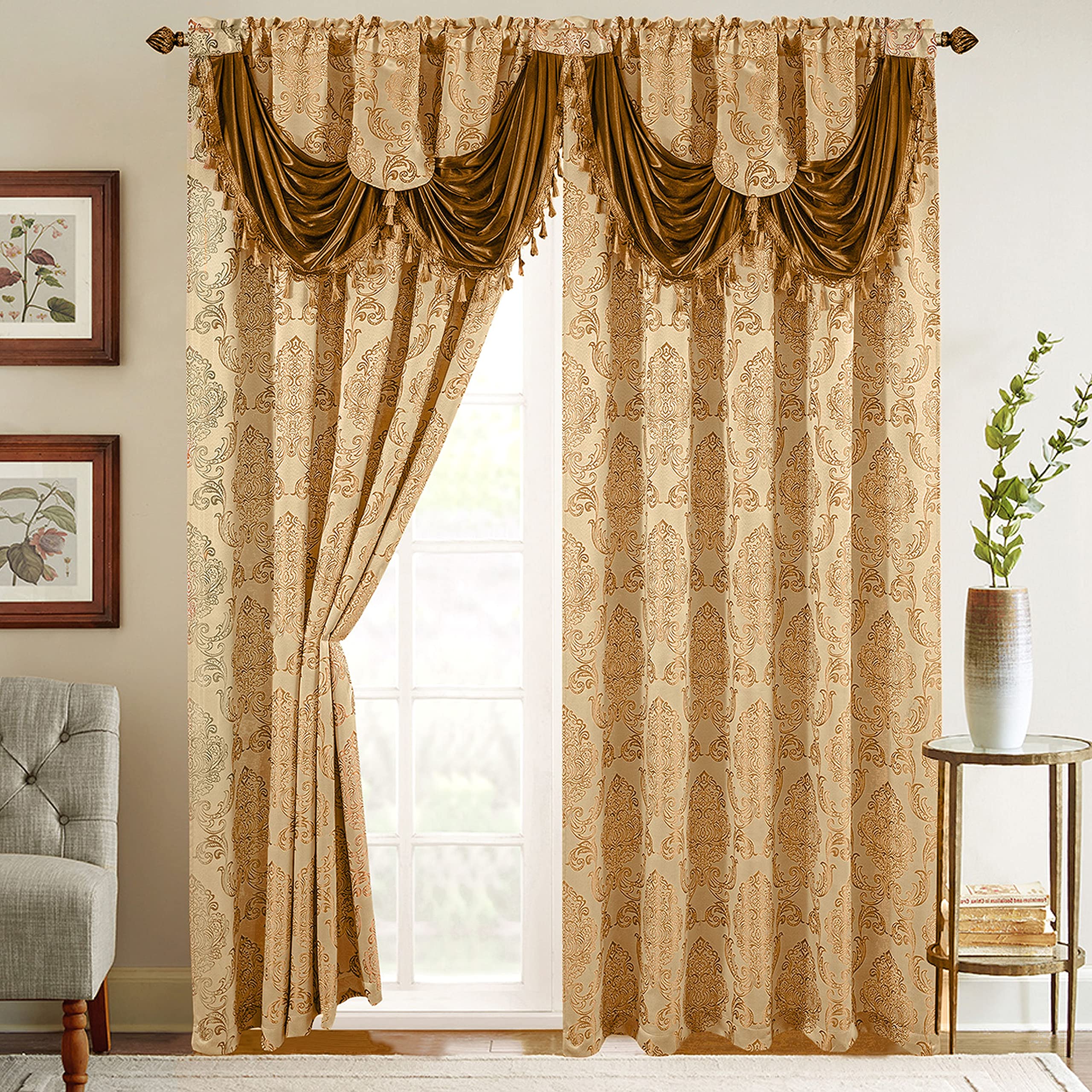 Elegant Comfort Jacquard Look Curtain Panel Set with Attached Waterfall Valance, (Set of 2), 54 x 84 Inches, Gold/Camel
