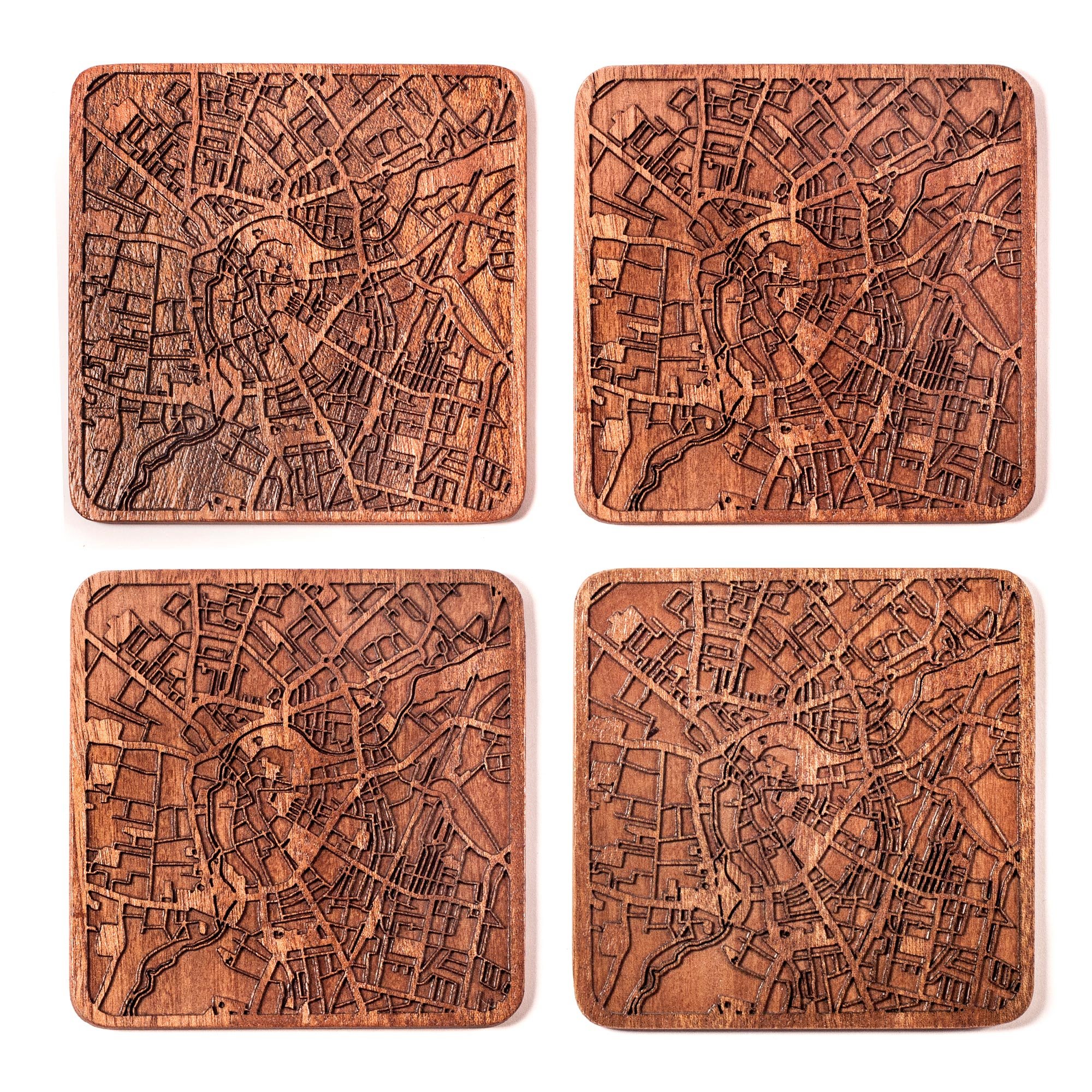 Cambridge Map Coaster, Set of 4, Sapele Wooden Coaster with City Map, Handmade