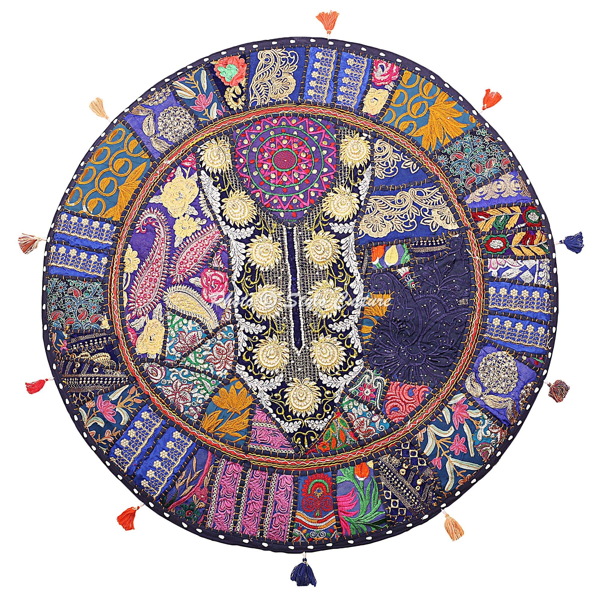 Stylo Culture Indian Bohemian Floor Cushion Outside Reading Nook Throw Pillow Cover Dark Blue 70x70 cm Vintage Patchwork Hallway Round Large 28 inch Decorative Cotton Embroidered Pouf Footstool Cover