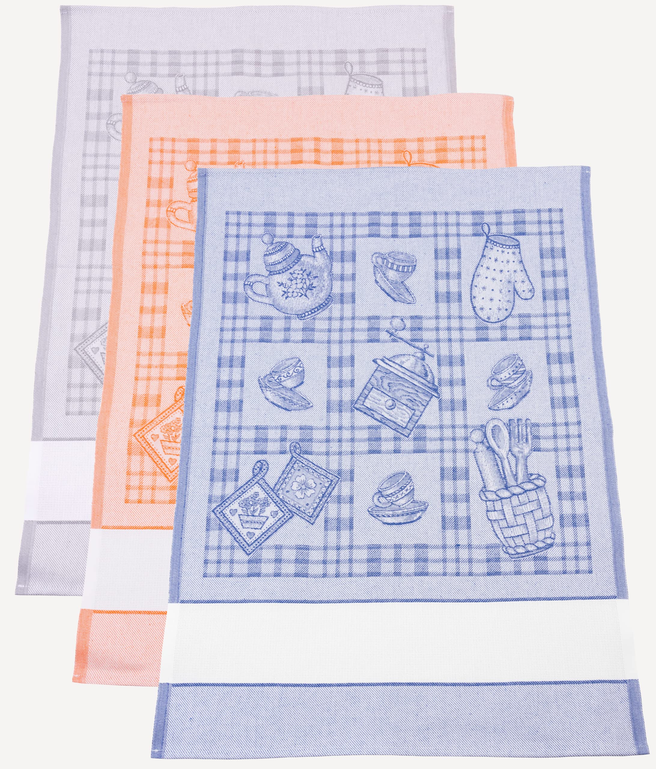 Filet - Set of 3 Jacquard Kitchen Tea Towels with Aida Cloth Insert 55 Embroidery Holes Ideal for Drying Dishes, 100% Made in Italy, Kitchen Design, Colour: Grey, Orange and Blue
