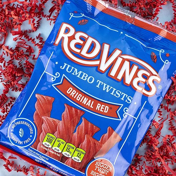 RED VINES JUMBO LICORICE, ORIGINAL RED FLAVOR, 8OZ BAGS (12 PACK), SOFT & CHEWY CANDY TWISTS