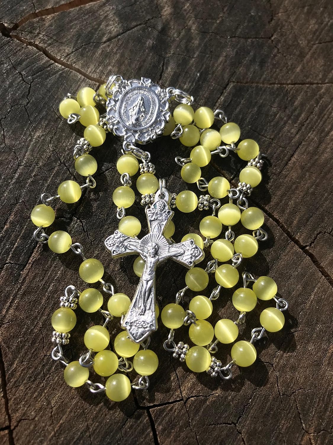 Yellow Catholic Rosary Made With Yellow Cats Eye Beads
