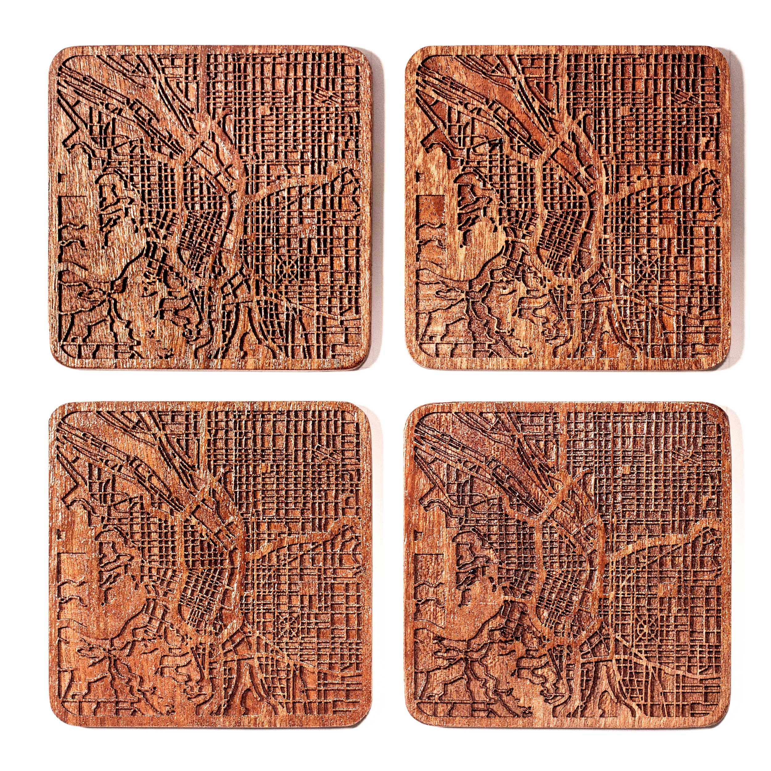Portland Map Coaster, Set of 4, Sapele Wooden Coaster with City Map, Handmade
