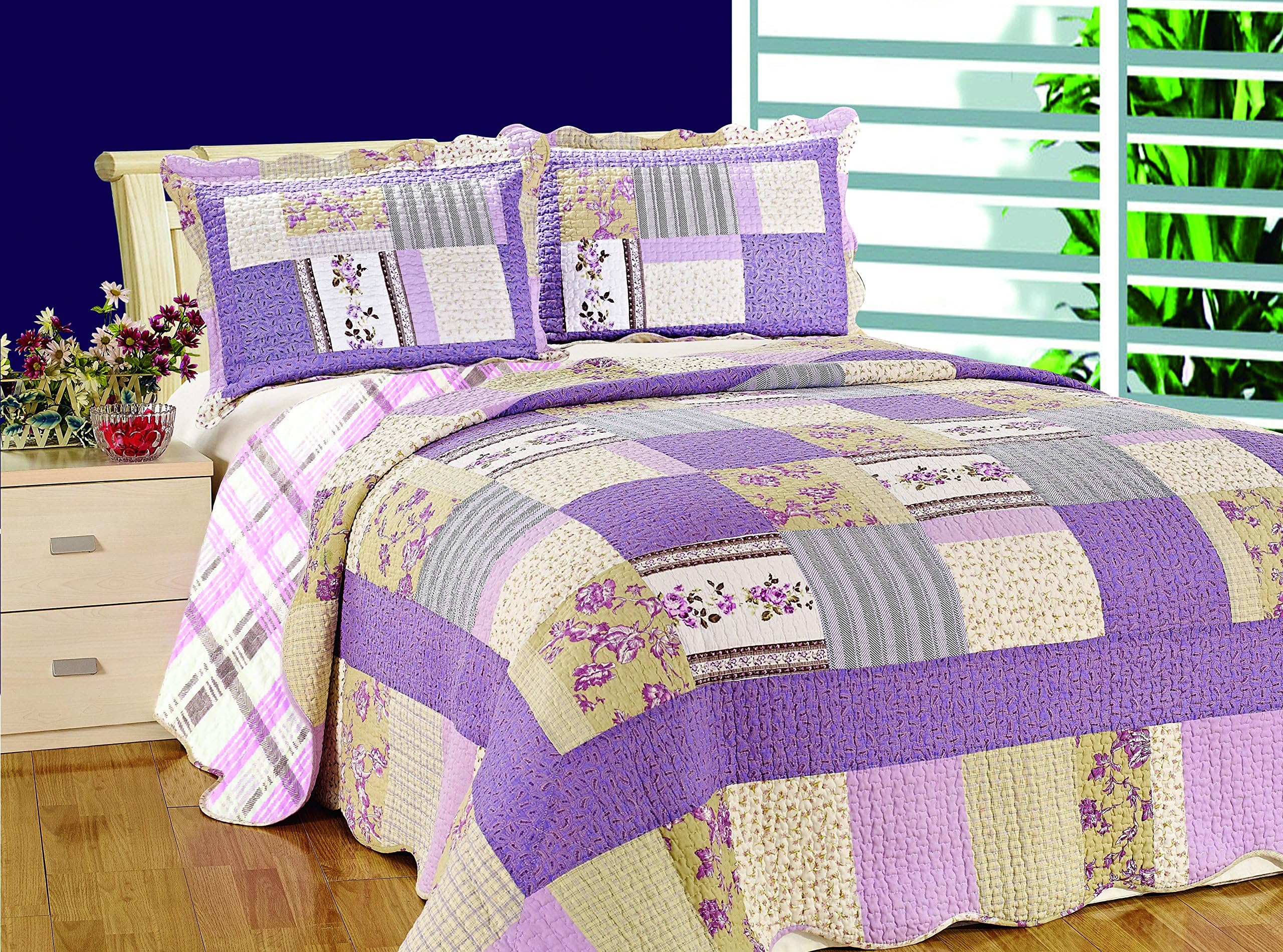 Artinen Lilac Bedding 3 Piece Quilt Set Bedspread, Double/Full/Queen Purple Quilted Summer Blanket