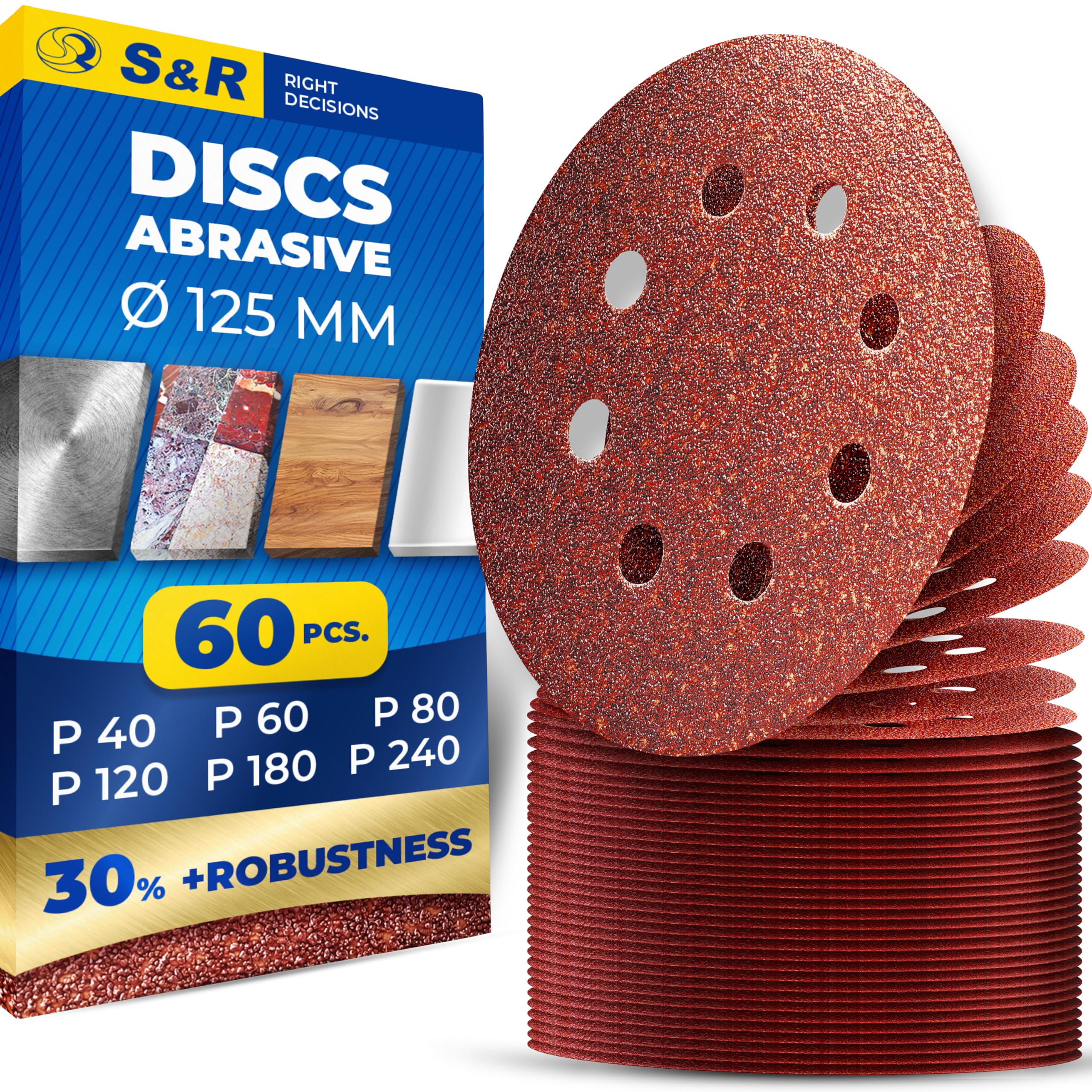 S&R Velcro Sandpaper Set 125 mm, Meister, 8 holes, 60 sanding sheets, sanding discs for 125 mm random-orbit sanders, 10 sheets each of grit sizes P40, P60, P80, P120, P180, P240, reliable adhesion