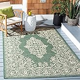 SAFAVIEH Washable Rug Outdoor Courtyard Collection - 6'7" Square, Dark Green & Beige, Non-Shedding & Easy Cleaning, Ideal for