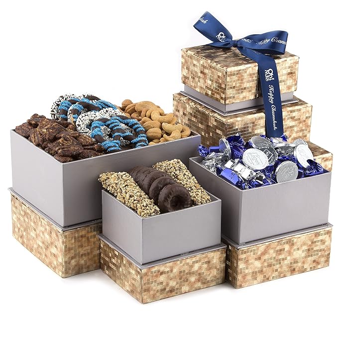 Hanukkah Gold Mosaic Gift Tower, A Kosher Gift Gift Basket Jewish for Men and Women