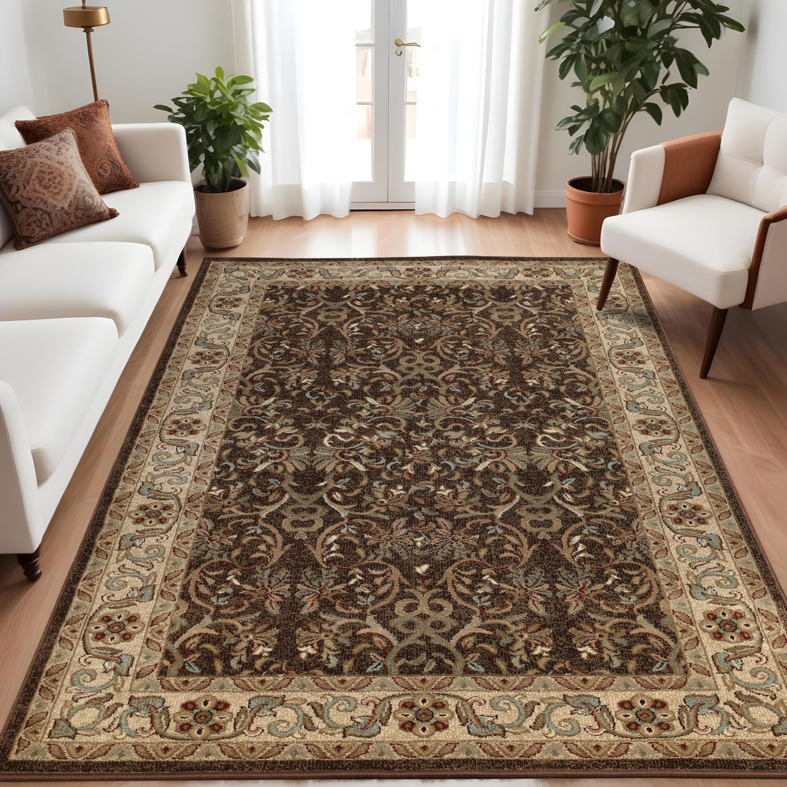 Superior Indoor Area Rug, Plush Carpet Cover, High-Traffic Rug, Apartment Rugs, Bedroom, Living Room, Office, Kitchen, Floral Scroll Floor Decor, Heritage Collection, 8′ x 10′, Mocha