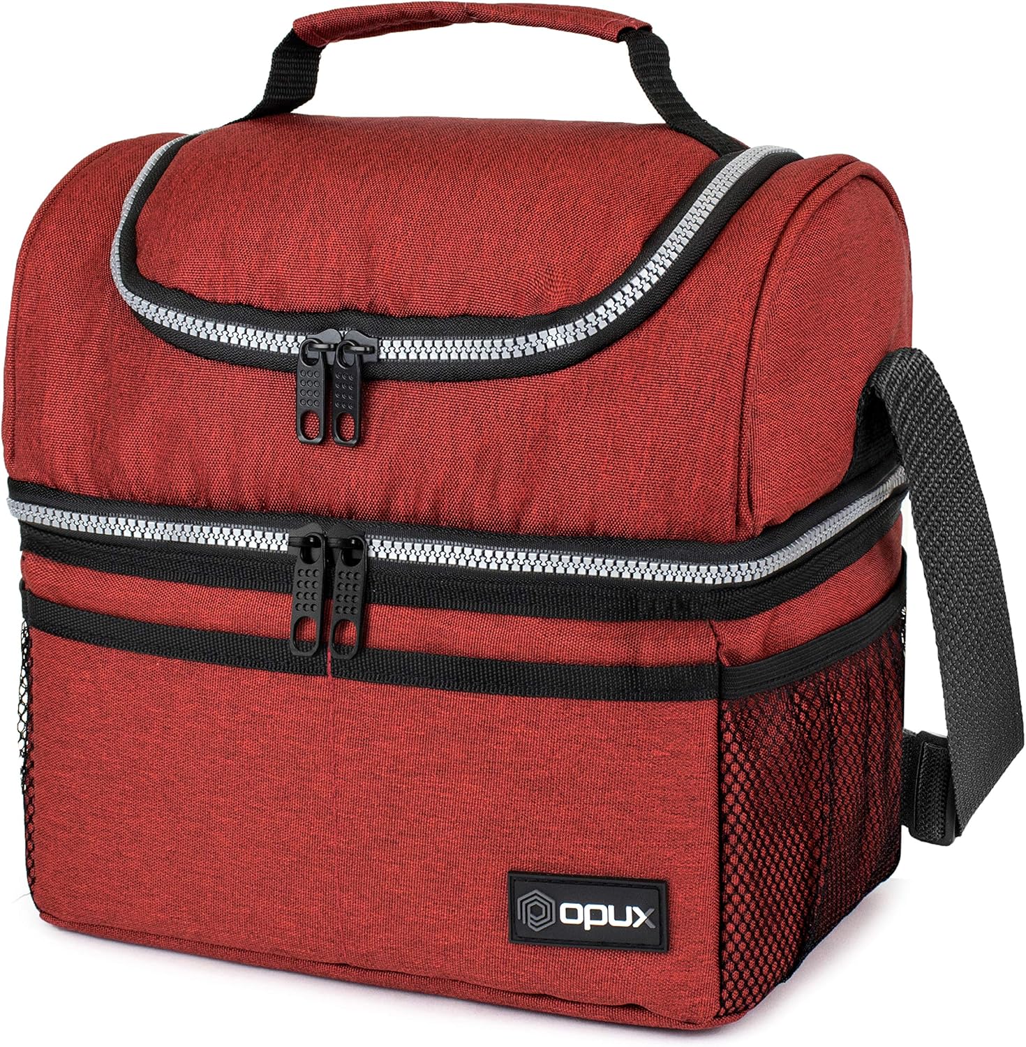 Insulated Dual Compartment Lunch Bag for Men, Women | Double Deck Reusable Lunch Box Cooler with Shoulder Strap, Leakproof Liner | Medium Lunch Pail for School, Work, Office (Heather Red)