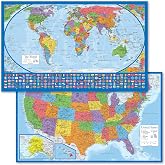 2 Pack - Laminated World Map Poster &amp; USA Map Set - Equal Earth world map design shows continents at true relative size - US Map 18&rdquo; x 29&rdquo;