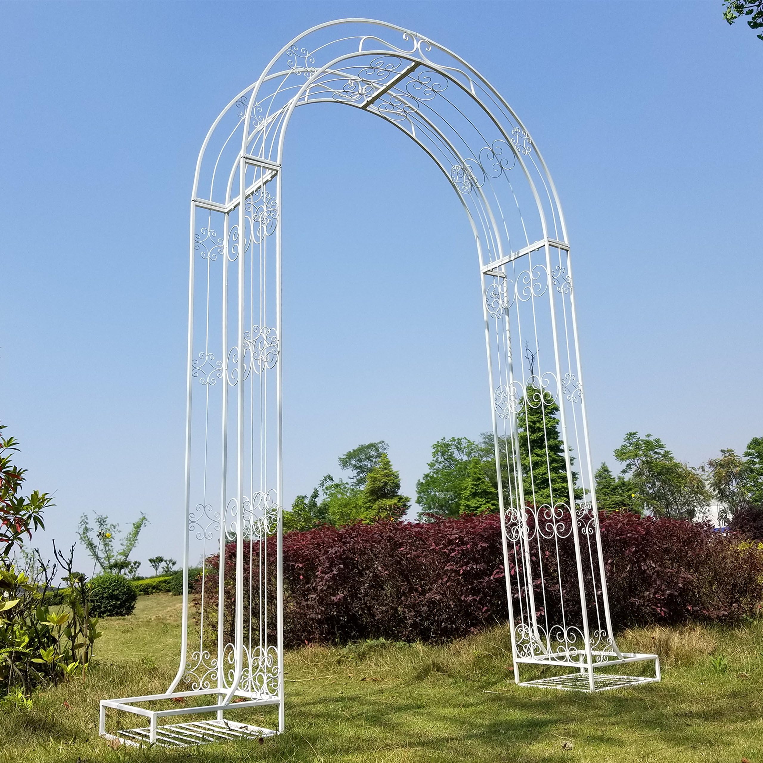 OUTOUR Elegant Higher Garden Arch with Planter Houlders, 8'7"High x 7'Wide, Garden Arbor Arbour Archway for Climbing Plants Roses Vines, Outdoor Garden Lawn Backyard Patio, Wedding, White