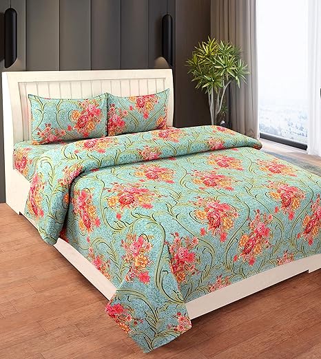RD TREND Cotton Double Bedsheet with 2 Pillow Cover,Green