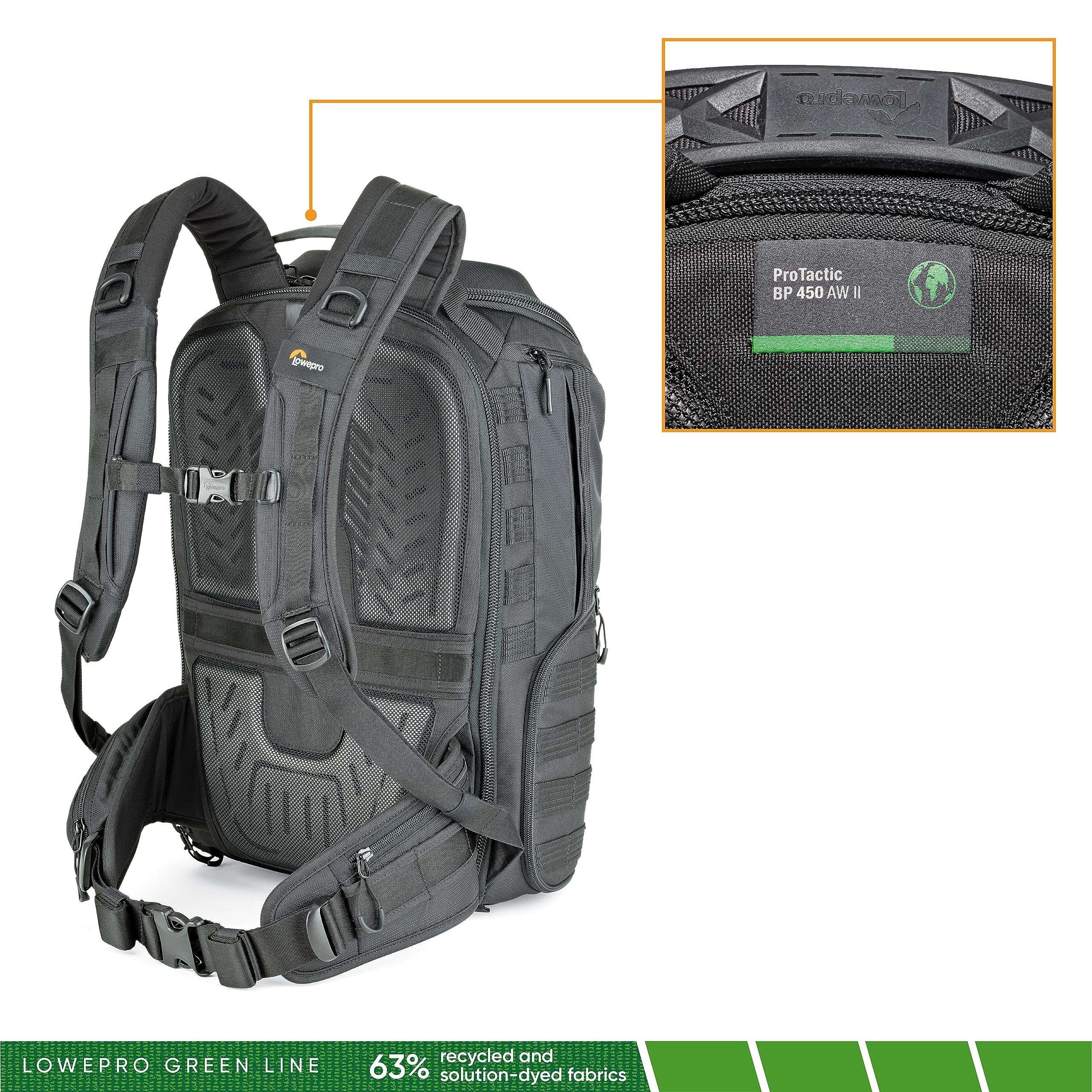 Lowepro ProTactic 450 AW II Black Pro Modular Backpack with Recycled Material, Camera Bag for Professional Use, for Laptop Up to 15