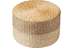 PrimeZone Patio Pouf Ottoman 18" D x 18" W x 12" H, Hand Woven Natural Seagrass Rattan Indoor Outdoor Footstool, Round Boho Poufs Footrest Floor Chair Seat for Living Room, Bedroom, Porch, Natural