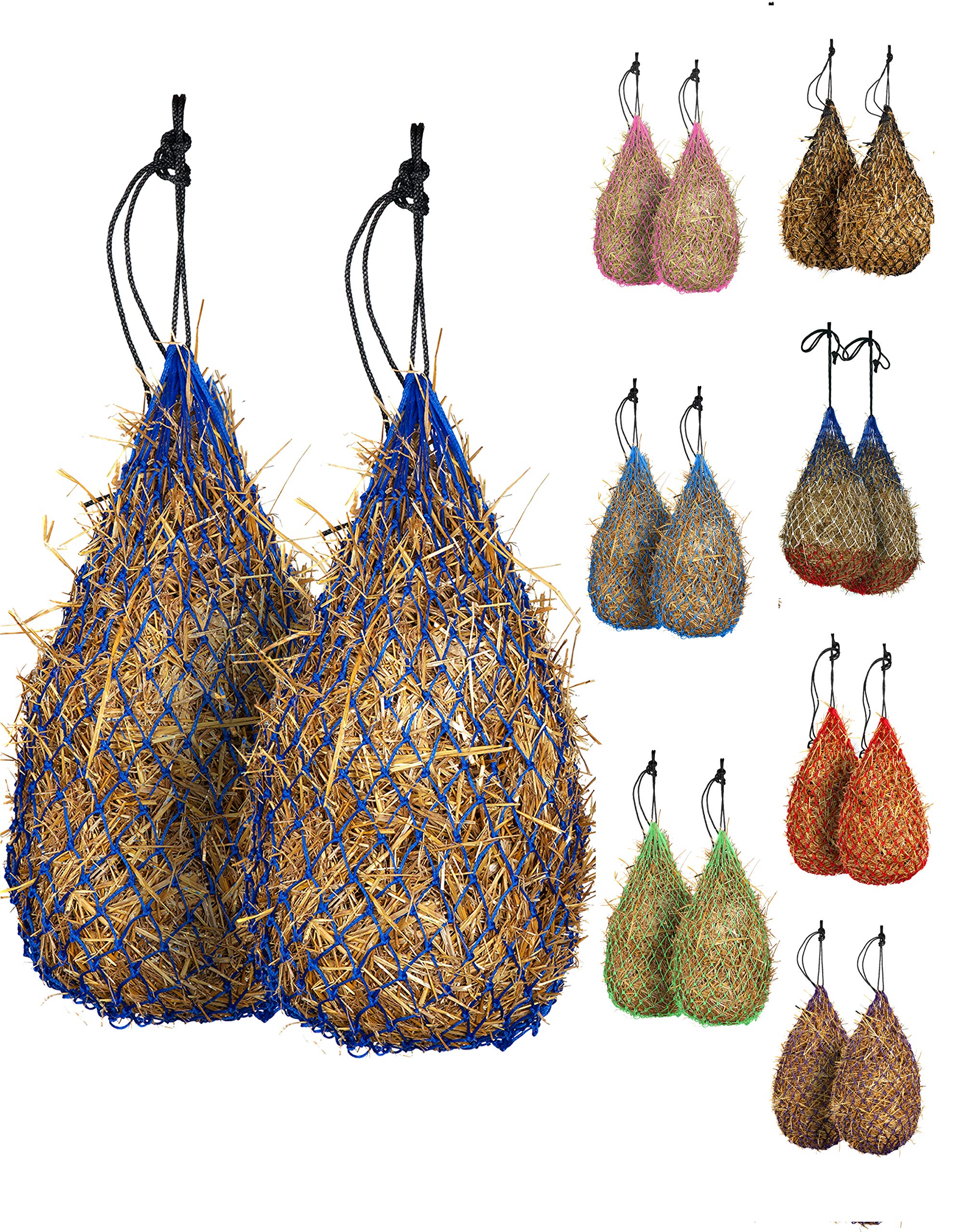 Majestic Ally 2 pcs Slow Feed 42” Hay Net for Horses, Strong Small 2x2” Holes, Nylon Rope Hanging, Adjustable Travel Feeder for Trailer and Stall, Simulates Grazing, Reduce Waste (Royal Blue)