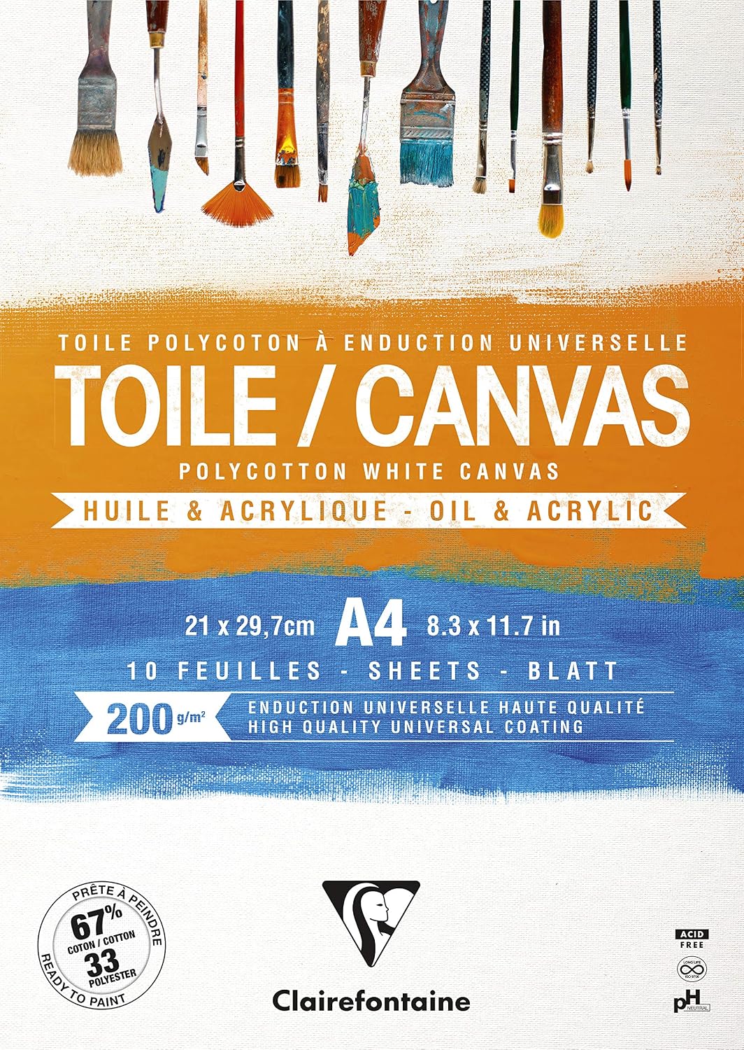 Clairefontaine, Ref 975207C, Ready to Paint Canvas Pad (10 Sheets), A4 Sized, 200gsm Paper, Acid Free, pH Neutral, White
