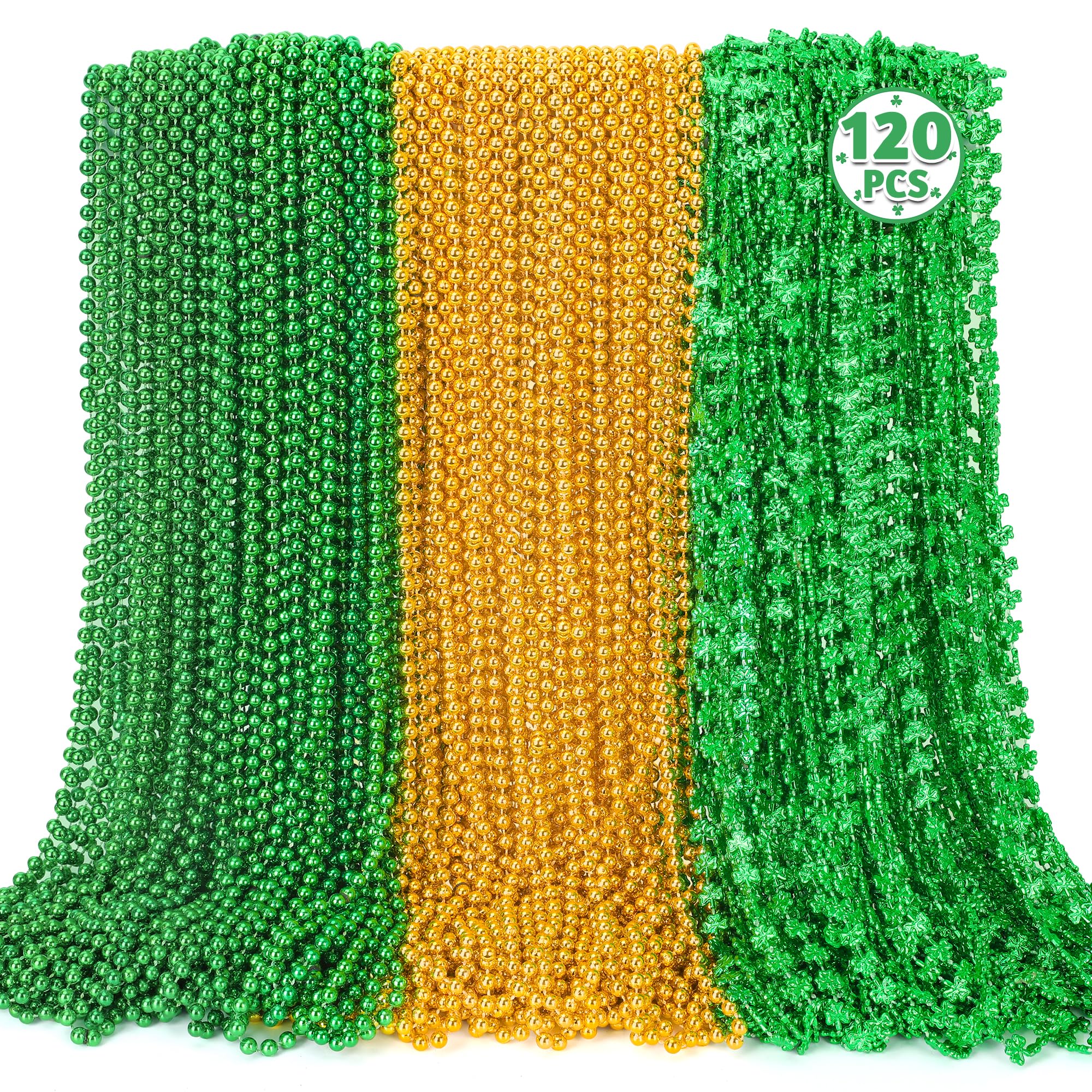 120 PCS St Particks Day Necklaces, Plastic St Patrick's Day Necklace, Green and Gold Beads Shamrocks Necklace, Shamrocks Bead Necklace Set, Irish Beer Decorations Supplies, St. Patricks Day Accessories