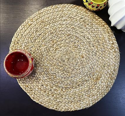 The Home Talk Set Of 4 Braided Jute Placemats, 35 Cm Round, 4 Piece Set, Best For Bed-Side Table/Center Table, Dining Table/Shelves- Natural Beige