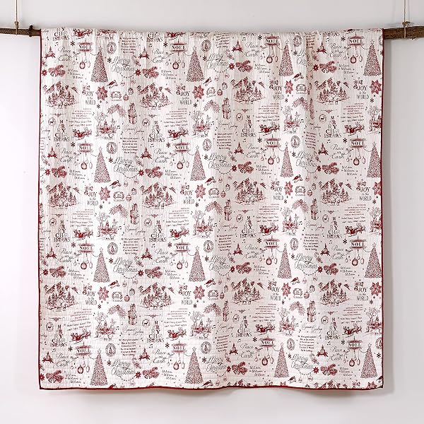 LEVTEX HOME – YULETIDE QUILT SET – KING/CAL KING QUILT (106X92IN.) + TWO KING PILLOW SHAMS (36X20IN.) – CHRISTMAS HOLIDAY SCRIPT – RED AND CREAM – REVERSIBLE – COTTON