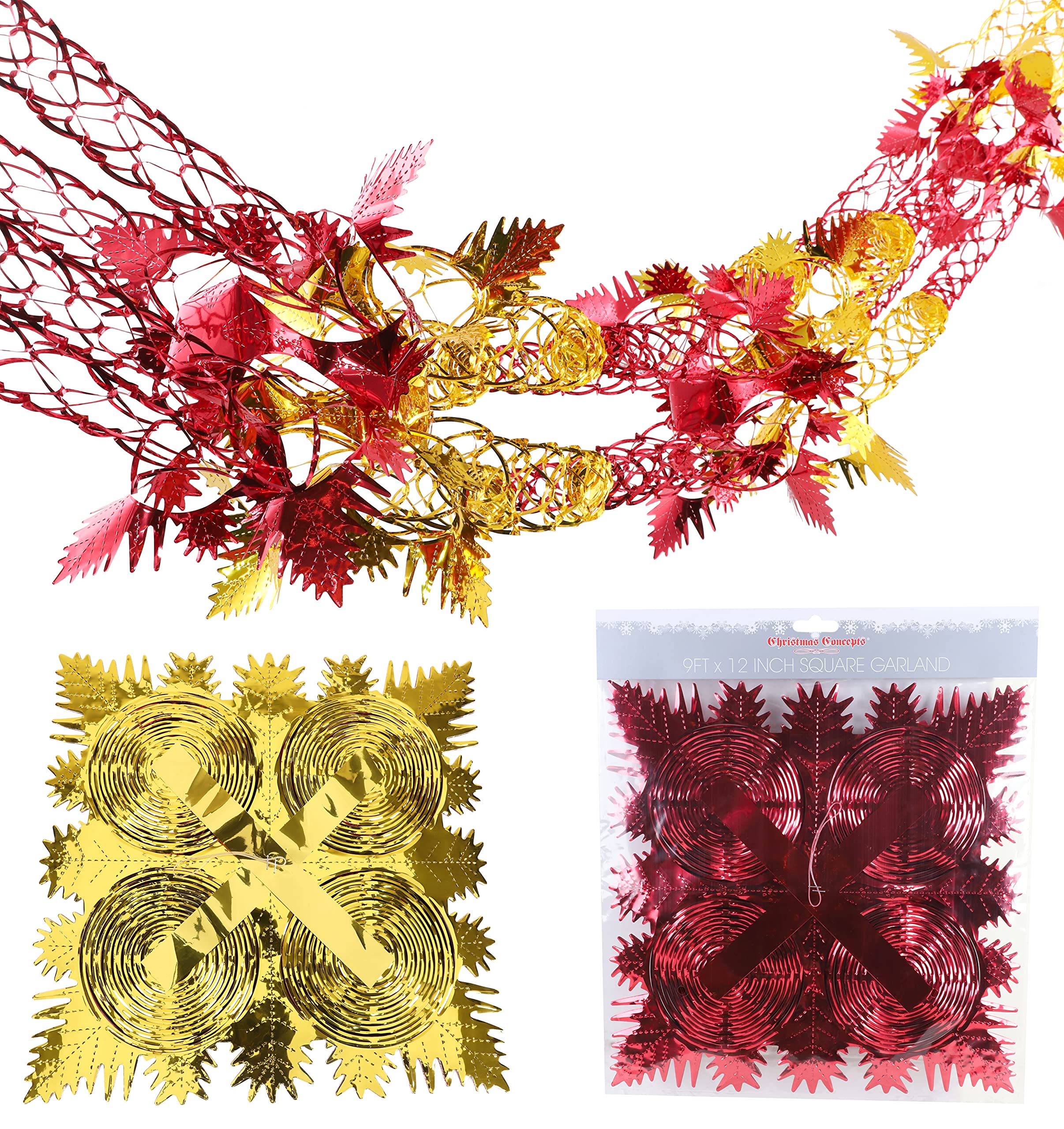 Christmas Concepts® 9ft x 1ft Large Square Foil Garland Festive Hanging Decoration – Christmas Trimming (Red & Gold) — image 1
