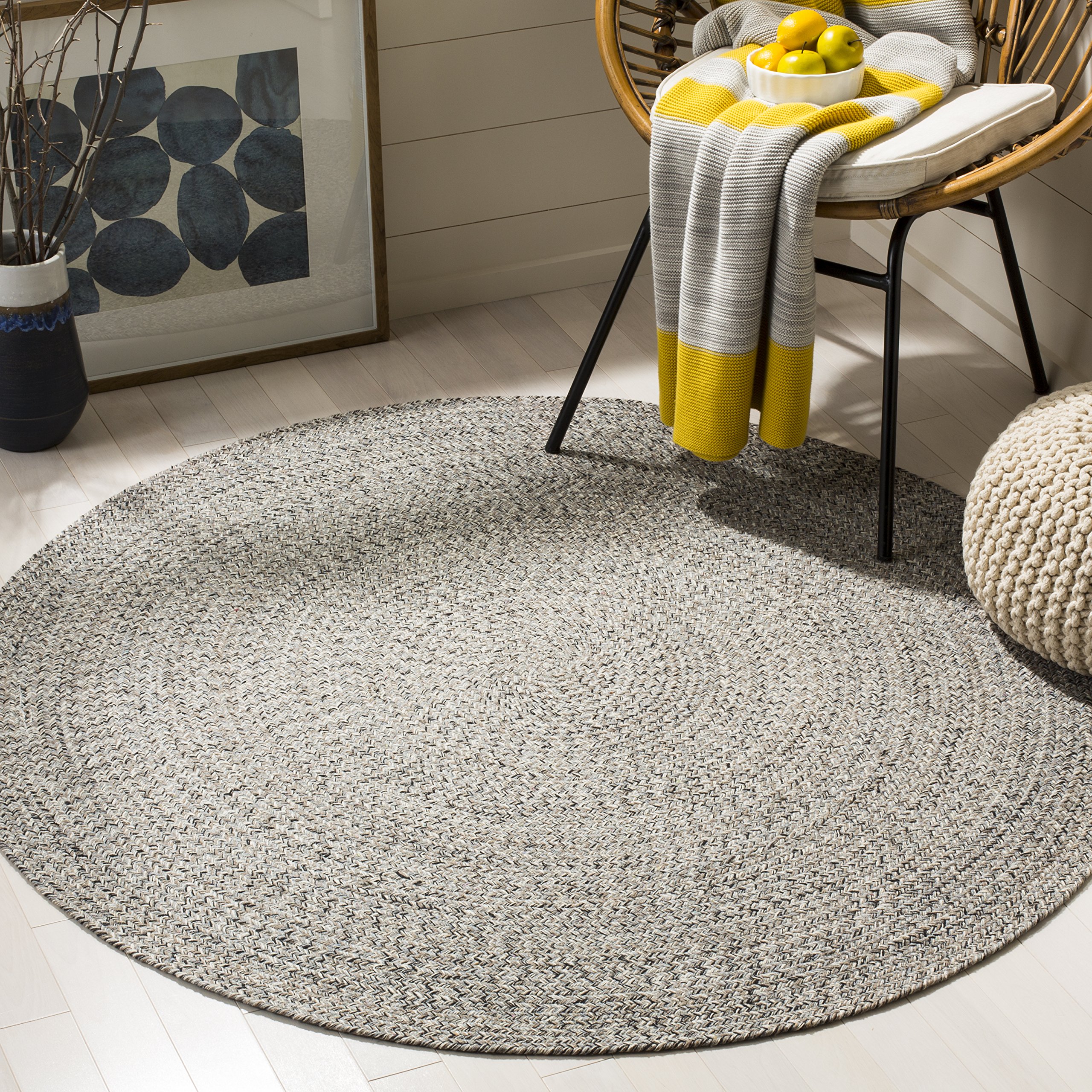 SAFAVIEH Braided Collection Area Rug – 5′ Round, Ivory & Steel Grey, Handmade Woven Cotton, Boho Reversible Style, Ideal for Living Room, Bedroom, Dining Space (BRD256A)