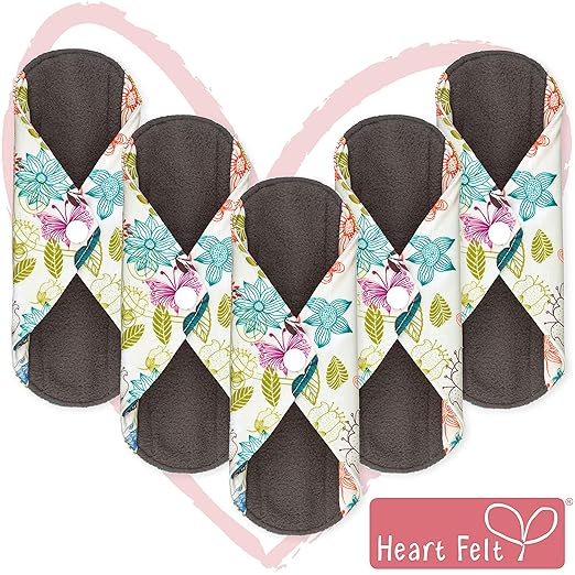 Sanitary Reusable Cloth Menstrual Pads by Heart Felt | 5 Pack Washable Sanitary Napkins with Charcoal Absorbency Layer - Overnight Long Panty Liners for Comfort and Support Best Natural Period Products Sanitary Reusable Cloth Menstrual Pads by Heart Felt | 5 Pack Washable Sanitary Napkins with Charcoal Absorbency Layer - Overnight Long Panty Liners for Comfort and Support Best Natural Period Products