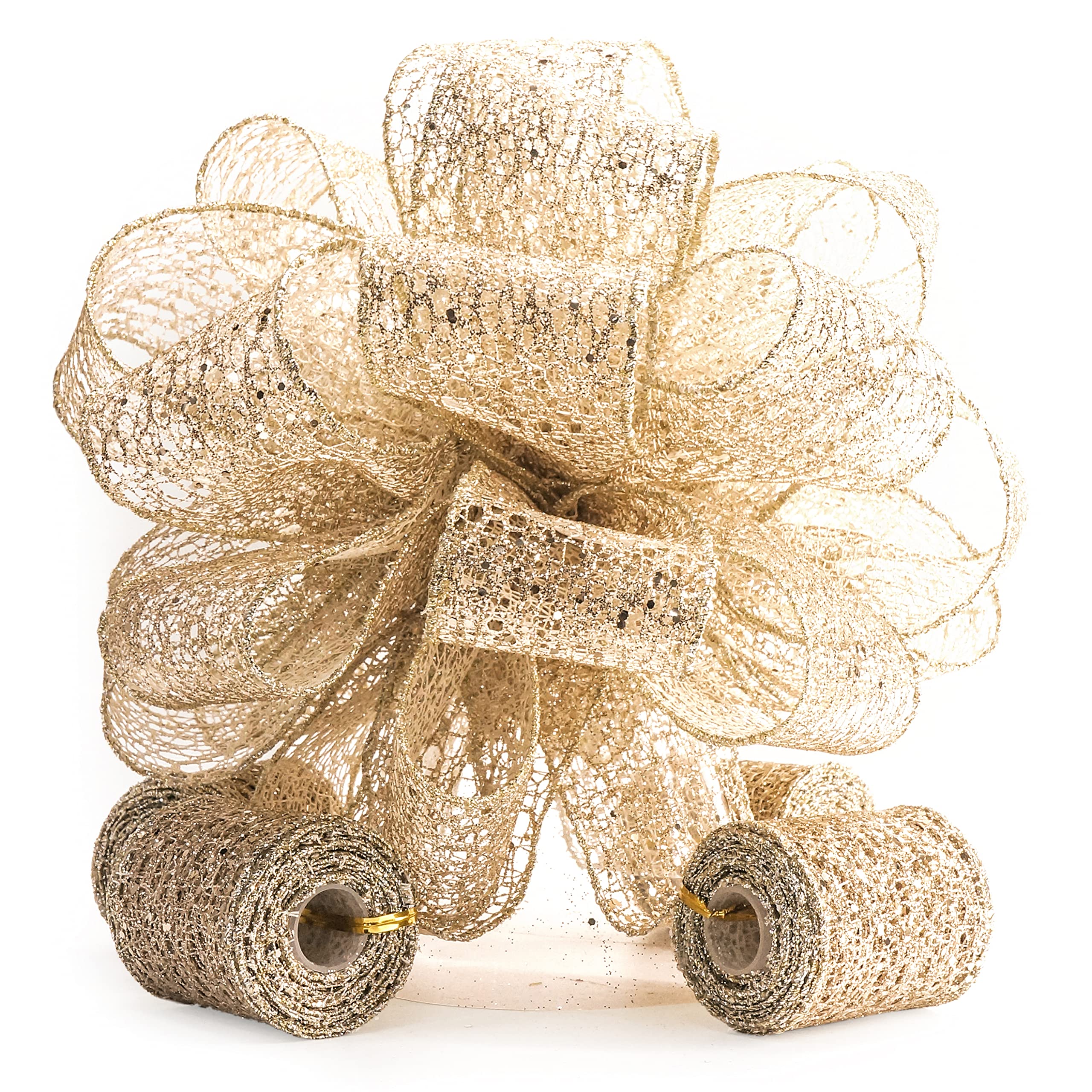 CT CRAFT LLC Christmas Tree Topper Bow - Bow: 11" sq. - Tails: 3 Yards Long Each - Champagne Glitter Mesh