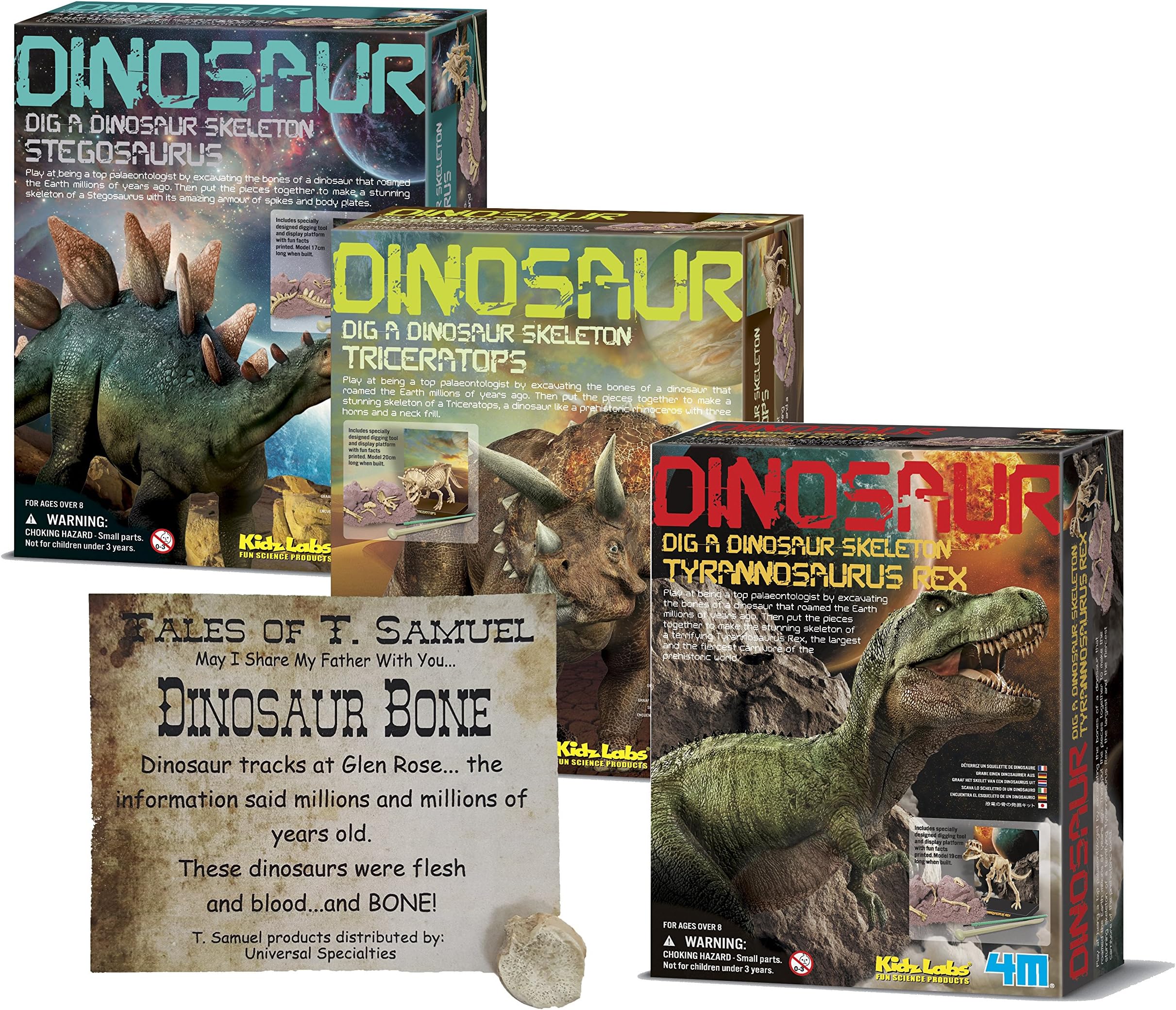 Dig a Dinosaur Excavation Dino Kit T-Rex Stegosaurus and Triceratops Dinosaurs - 3 Pack Includes Authentic Dinosaur Bone!