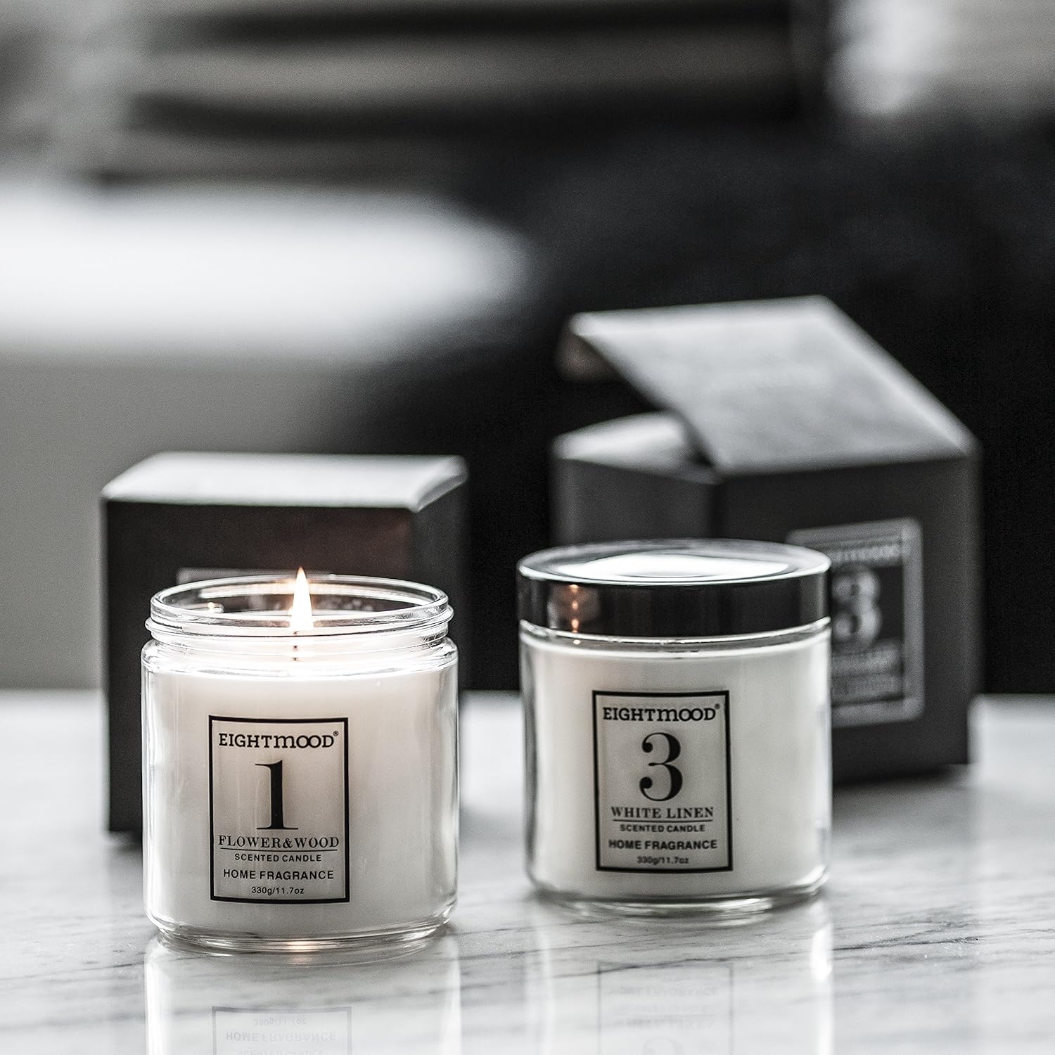 Eightmood Flower & Wood Scented Candle Jar. 45 hour burning time