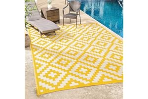 FH Home Outdoor Rug - Waterproof, Fade Resistant, Reversible - Premium Recycled Plastic - Geometric - Patio, Porch, Deck, Balcony - Aztec - Yellow & White Crease Free - 5 x 8 ft